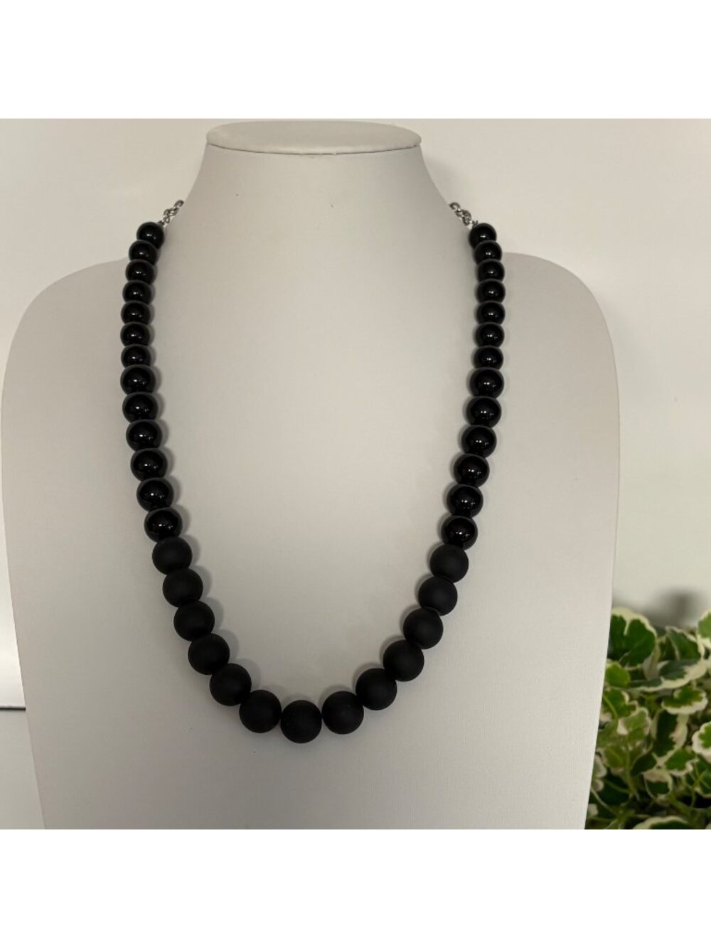 Black Beaded Necklace Matte and Glossy Round Beads Adjustable Chain Clasp